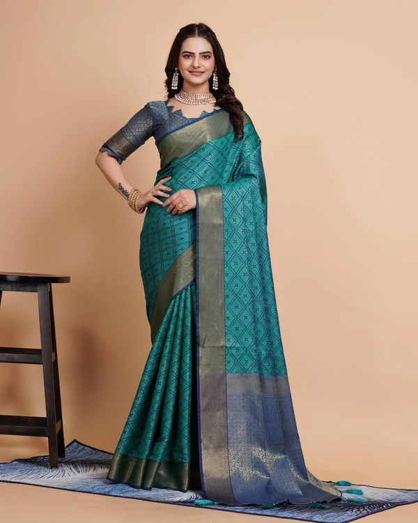 FWVLS RICH CONTRAST BANARASI JAQUARD SILK SAREE - Aqua Blue (Check Sequins)