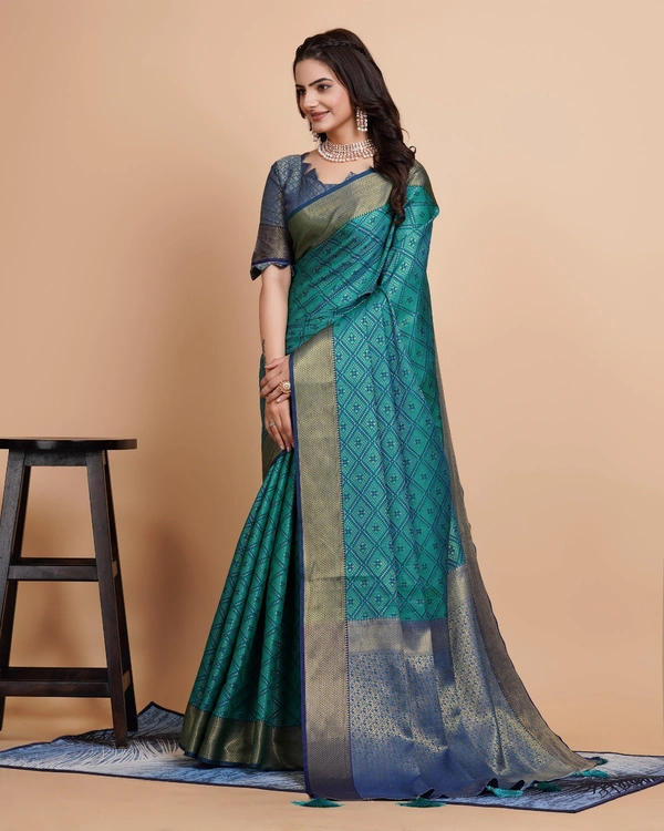 FWVLS RICH CONTRAST BANARASI JAQUARD SILK SAREE - Aqua Blue (Check Sequins)