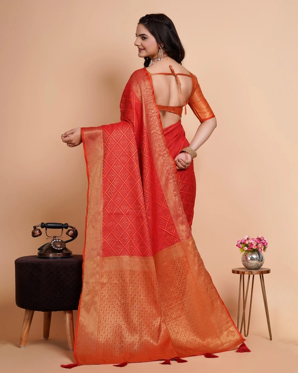 FWVLS RICH CONTRAST BANARASI JAQUARD SILK SAREE - Orange Red (Check Sequins)