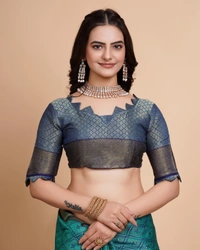 FWVLS RICH CONTRAST BANARASI JAQUARD SILK SAREE - Aqua Blue (Check Sequins)