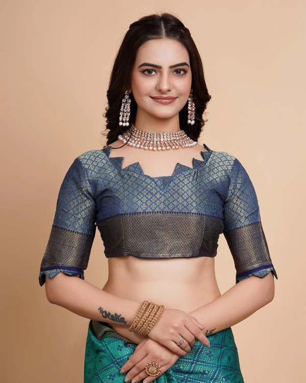 FWVLS RICH CONTRAST BANARASI JAQUARD SILK SAREE - Aqua Blue (Check Sequins)