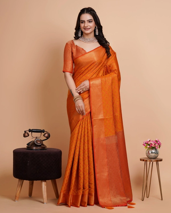 FWVLS RICH CONTRAST BANARASI JAQUARD SILK SAREE - Orange Gold (Check Sequins)