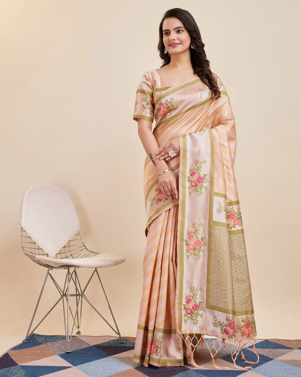 FWVLS BANARASI JAQUARD JARI THREAD SILK SAREE WITH BLOUSE PIECE - Light Orange