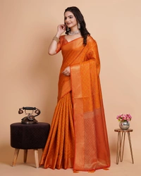 FWVLS RICH CONTRAST BANARASI JAQUARD SILK SAREE - Orange Gold (Check Sequins)