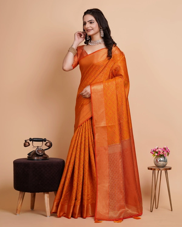 FWVLS RICH CONTRAST BANARASI JAQUARD SILK SAREE - Orange Gold (Check Sequins)