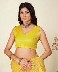 FWVLS SOFT NET CHIKANKARI EMBROIDRED SAREEE WITH BLOUSE PIECE - Yellow