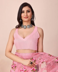 FWVLS CHIKANKARI EMBROIDERED SOFT NET SAREE WITH BLOUSE PIECE - Pink