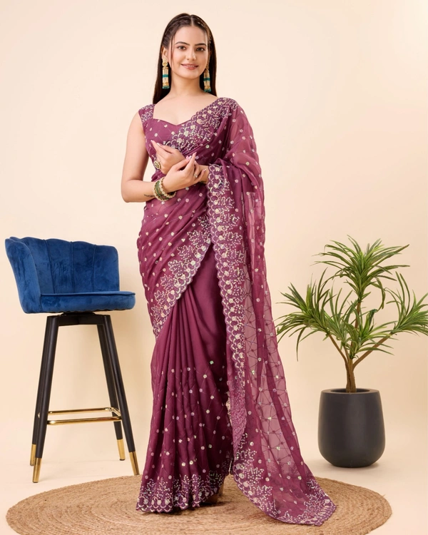 FWVLS PARTY WEAR TABBY SILK ORGANZA SAREE WITH BLOUSE PIECE - Wine