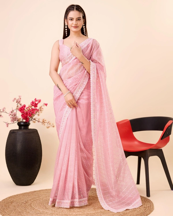 FWVLS PARTY WEAR SEQUINS EMBROIDERED SOFT NET SAREE WITH BLOUSE - Pink