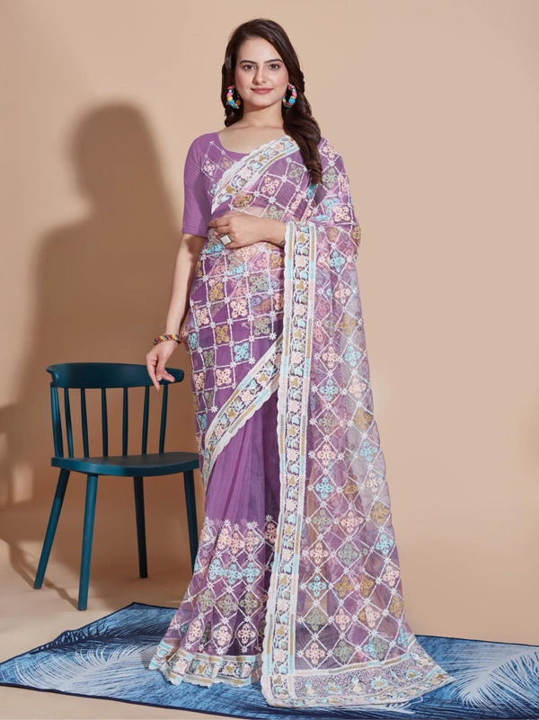 FWVLS BUTTERFLY NET PARTY WEAR EMBROIDRED SAREE WITH BLOUSE - Purple