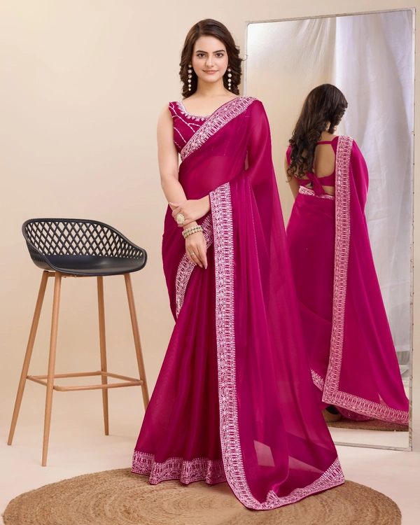 FWVLS PARTY WEAR EMBROIDERED SAREE WITH BLOUSE PIECE  - Pinkish Red