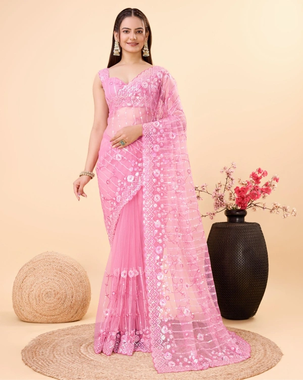 FWVLS PARTY WEAR SOFT NET EMBROIDERED DESIGNER SAREE WITH BLOUSE PIECE - Pink Salmon
