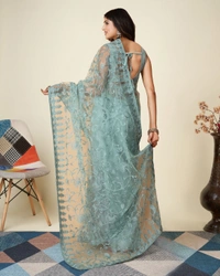 FWVLS SOFT NET CHIKANKARI EMBROIDRED SAREEE WITH BLOUSE PIECE - Blueish Grey