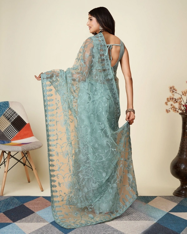 FWVLS SOFT NET CHIKANKARI EMBROIDRED SAREEE WITH BLOUSE PIECE - Blueish Grey