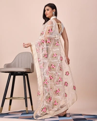 FWVLS CHIKANKARI EMBROIDERED SOFT NET SAREE WITH BLOUSE PIECE - Cream