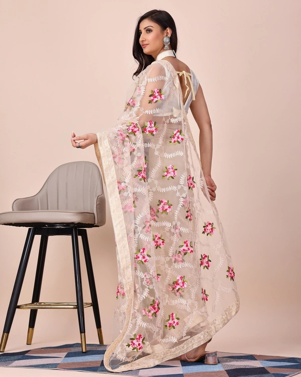FWVLS CHIKANKARI EMBROIDERED SOFT NET SAREE WITH BLOUSE PIECE - Cream