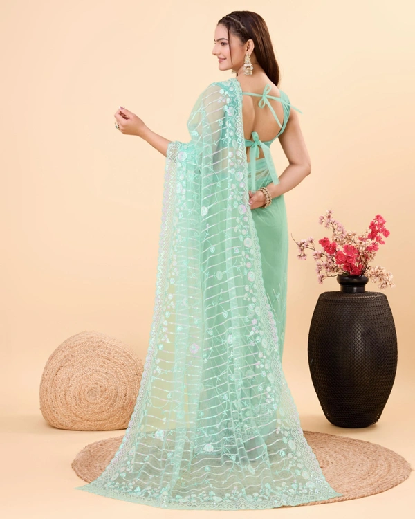 FWVLS PARTY WEAR SOFT NET EMBROIDERED DESIGNER SAREE WITH BLOUSE PIECE - Moss Green