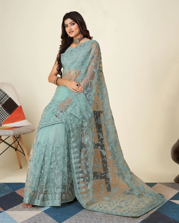 FWVLS SOFT NET CHIKANKARI EMBROIDRED SAREEE WITH BLOUSE PIECE - Blueish Grey