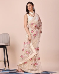 FWVLS CHIKANKARI EMBROIDERED SOFT NET SAREE WITH BLOUSE PIECE - Cream