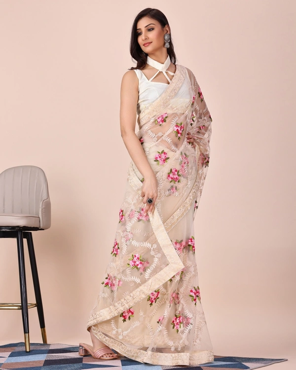 FWVLS CHIKANKARI EMBROIDERED SOFT NET SAREE WITH BLOUSE PIECE - Cream