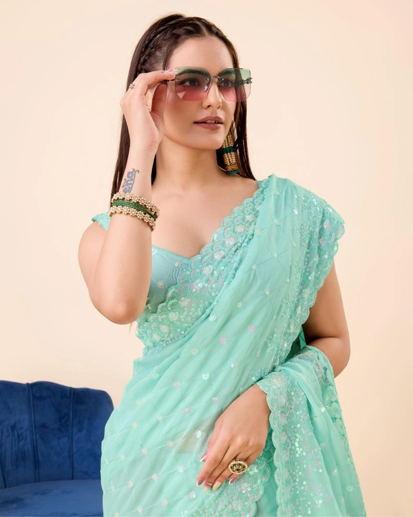 FWVLS PARTY WEAR TABBY SILK ORGANZA SAREE WITH BLOUSE PIECE - Aqua