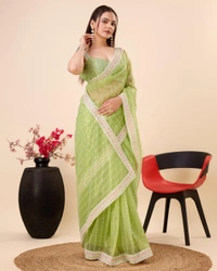 FWVLS PARTY WEAR SEQUINS EMBROIDERED SOFT NET SAREE WITH BLOUSE - Green