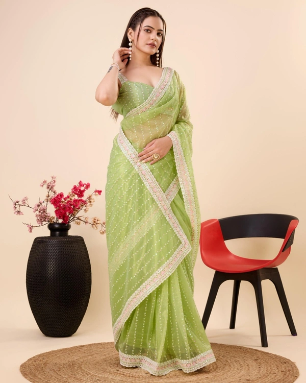 FWVLS PARTY WEAR SEQUINS EMBROIDERED SOFT NET SAREE WITH BLOUSE - Green
