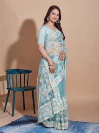FWVLS BUTTERFLY NET PARTY WEAR EMBROIDRED SAREE WITH BLOUSE - Cloud Blue