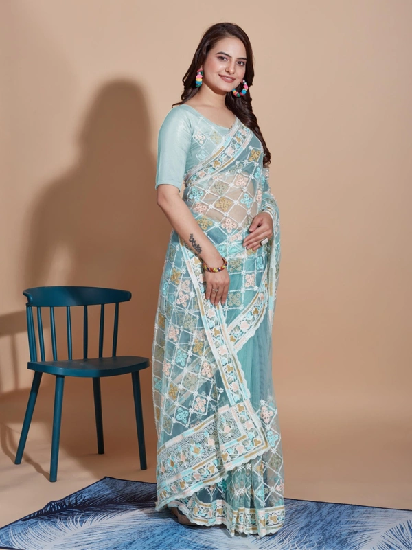 FWVLS BUTTERFLY NET PARTY WEAR EMBROIDRED SAREE WITH BLOUSE - Cloud Blue