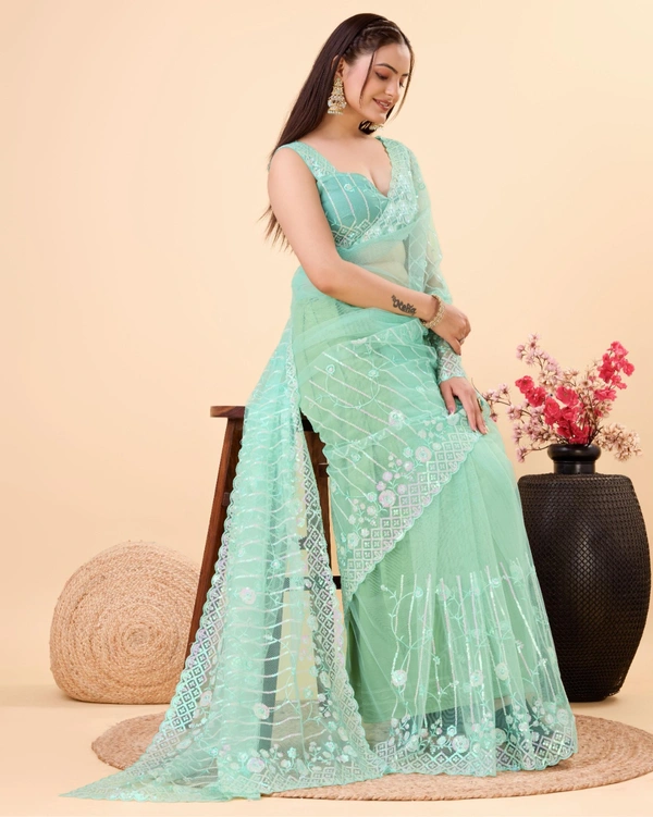 FWVLS PARTY WEAR SOFT NET EMBROIDERED DESIGNER SAREE WITH BLOUSE PIECE - Moss Green