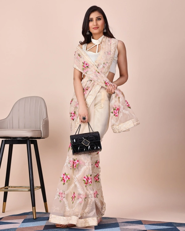 FWVLS CHIKANKARI EMBROIDERED SOFT NET SAREE WITH BLOUSE PIECE - Cream