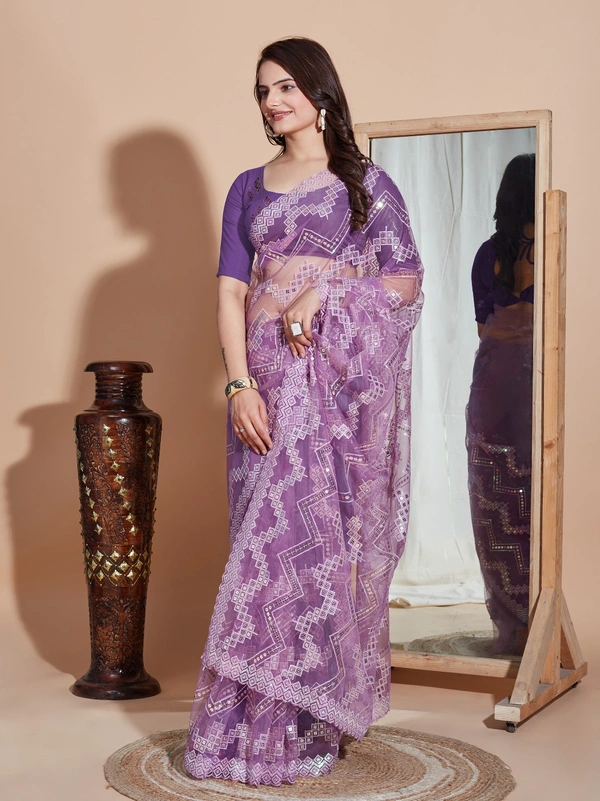 FWVLS DESIGNER SOFT NET SEQUINS WORK SAREE WITH BLOUSE PIECE - Purple