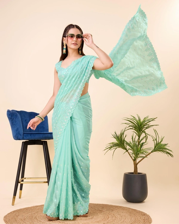 FWVLS PARTY WEAR TABBY SILK ORGANZA SAREE WITH BLOUSE PIECE - Aqua