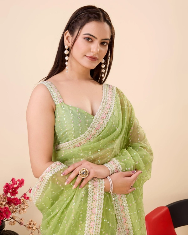 FWVLS PARTY WEAR SEQUINS EMBROIDERED SOFT NET SAREE WITH BLOUSE - Green