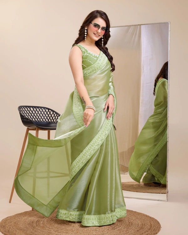 FWVLS PARTY WEAR EMBROIDERED SAREE WITH BLOUSE PIECE  - Swamp Green