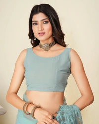 FWVLS SOFT NET CHIKANKARI EMBROIDRED SAREEE WITH BLOUSE PIECE - Blueish Grey