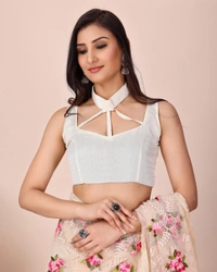 FWVLS CHIKANKARI EMBROIDERED SOFT NET SAREE WITH BLOUSE PIECE - Cream