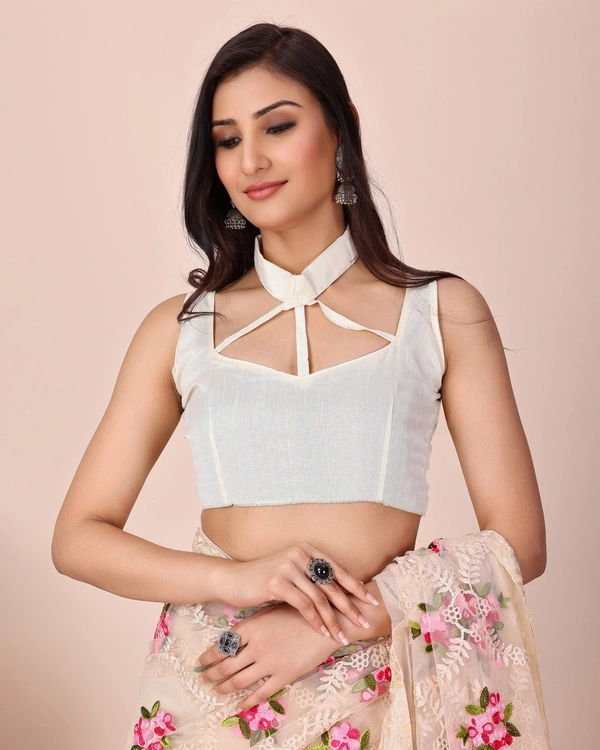 FWVLS CHIKANKARI EMBROIDERED SOFT NET SAREE WITH BLOUSE PIECE - Cream