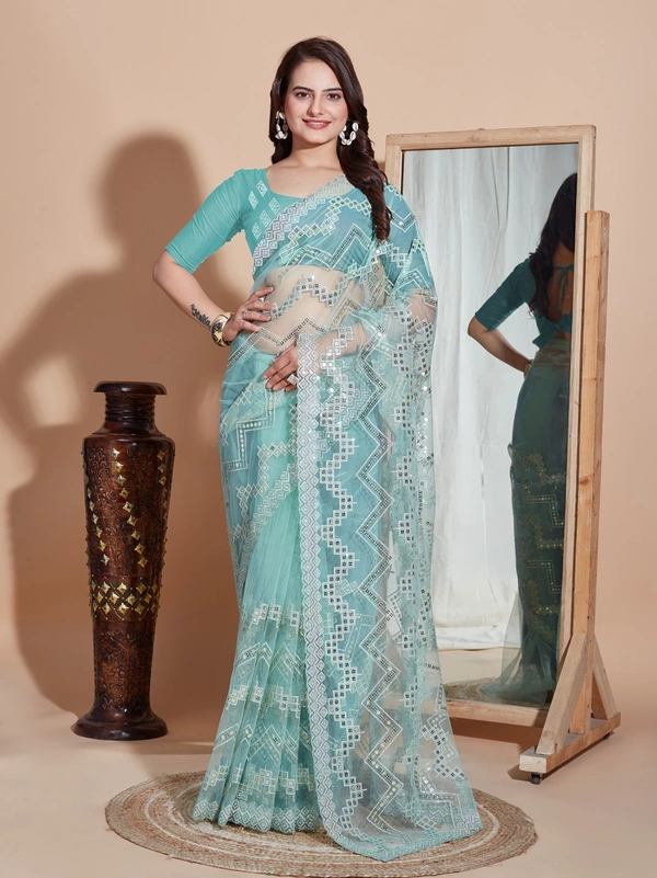 FWVLS DESIGNER SOFT NET SEQUINS WORK SAREE WITH BLOUSE PIECE - Ocean Blue