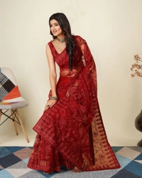 FWVLS SOFT NET CHIKANKARI EMBROIDRED SAREEE WITH BLOUSE PIECE - Maroon