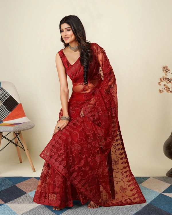 FWVLS SOFT NET CHIKANKARI EMBROIDRED SAREEE WITH BLOUSE PIECE - Maroon