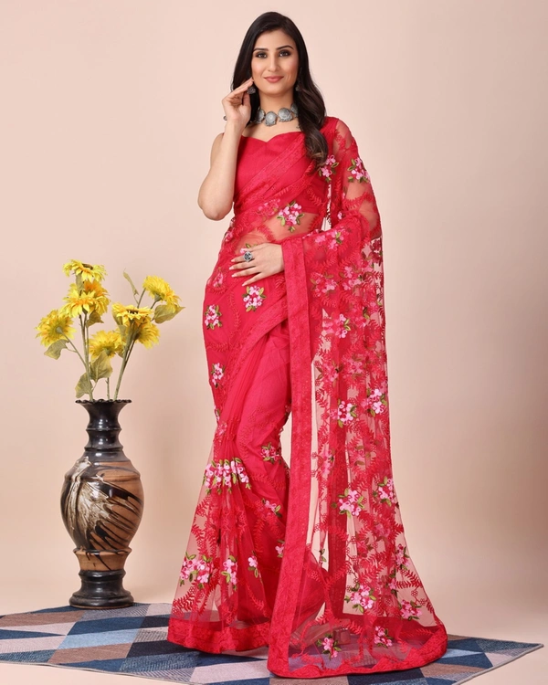 FWVLS CHIKANKARI EMBROIDERED SOFT NET SAREE WITH BLOUSE PIECE - Pinkish Red