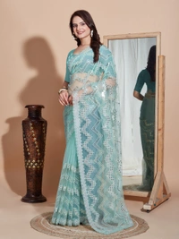 FWVLS DESIGNER SOFT NET SEQUINS WORK SAREE WITH BLOUSE PIECE - Ocean Blue