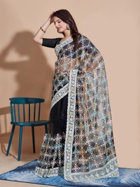 FWVLS BUTTERFLY NET PARTY WEAR EMBROIDRED SAREE WITH BLOUSE - Black