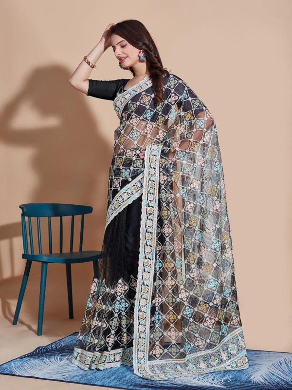 FWVLS BUTTERFLY NET PARTY WEAR EMBROIDRED SAREE WITH BLOUSE - Black