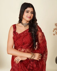 FWVLS SOFT NET CHIKANKARI EMBROIDRED SAREEE WITH BLOUSE PIECE - Maroon