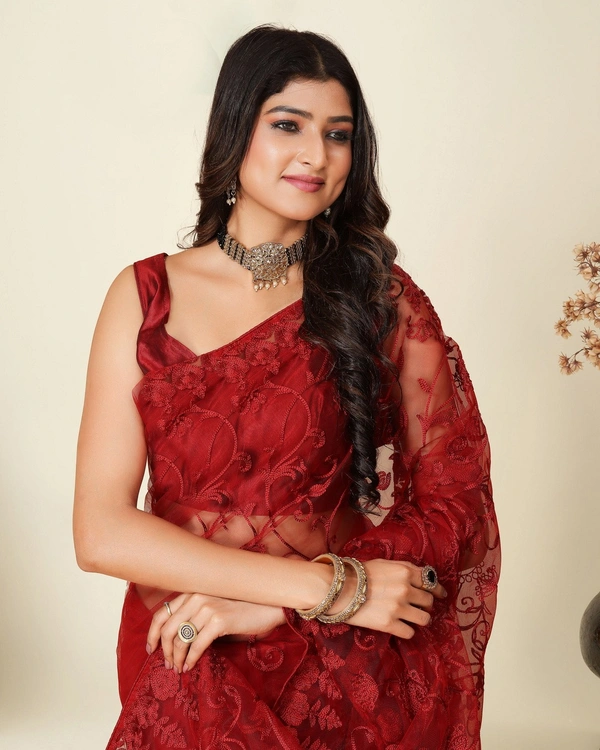 FWVLS SOFT NET CHIKANKARI EMBROIDRED SAREEE WITH BLOUSE PIECE - Maroon