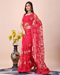FWVLS CHIKANKARI EMBROIDERED SOFT NET SAREE WITH BLOUSE PIECE - Pinkish Red