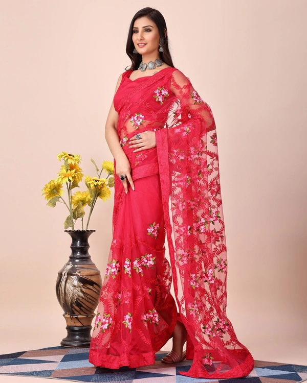 FWVLS CHIKANKARI EMBROIDERED SOFT NET SAREE WITH BLOUSE PIECE - Pinkish Red