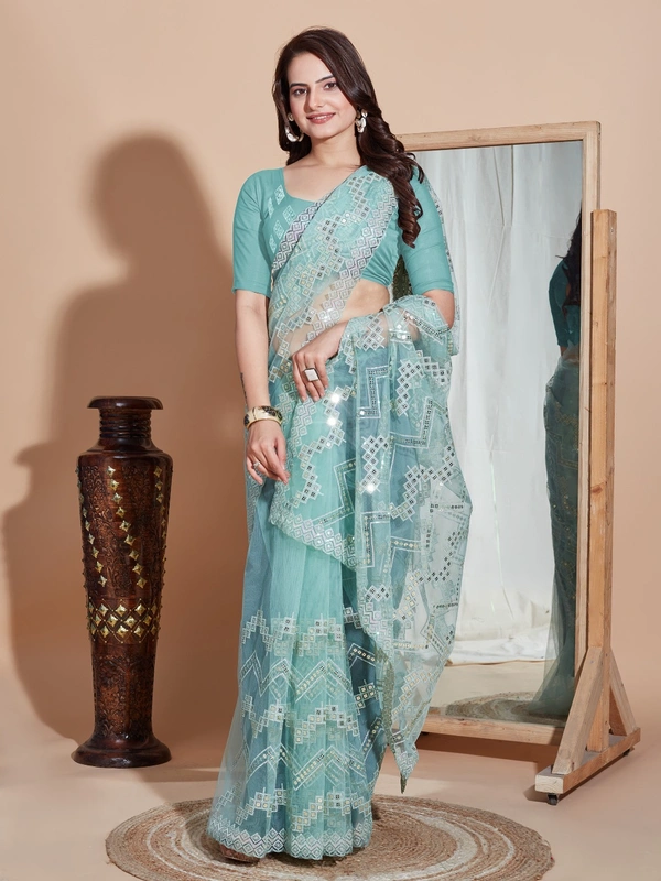 FWVLS DESIGNER SOFT NET SEQUINS WORK SAREE WITH BLOUSE PIECE - Ocean Blue